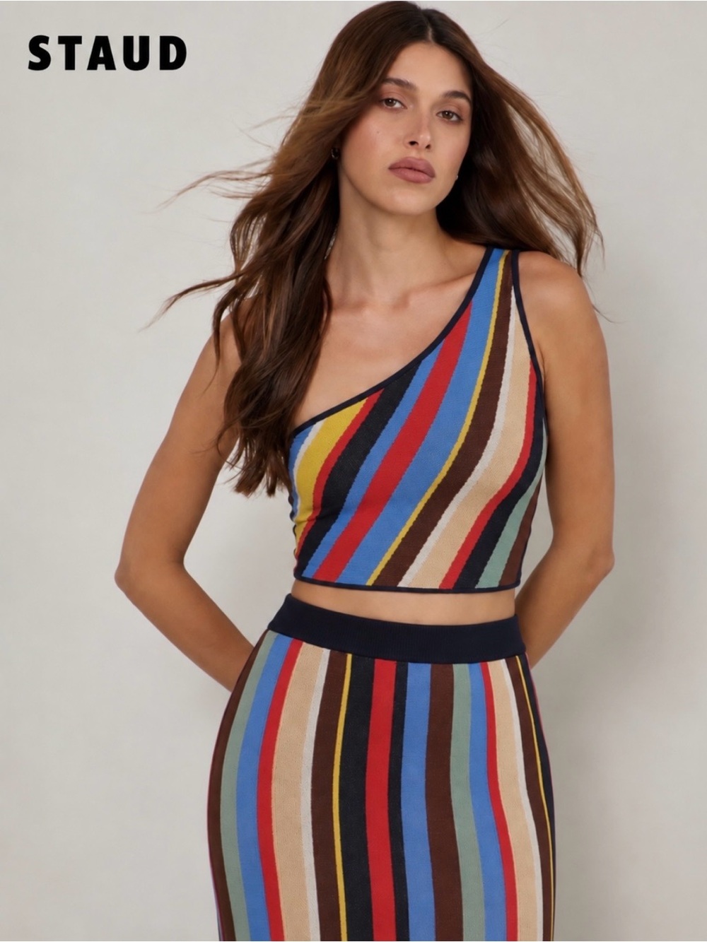 New🌺$125 STAUD Striped One Shoulder Crop Top Multicolor Knit Size L